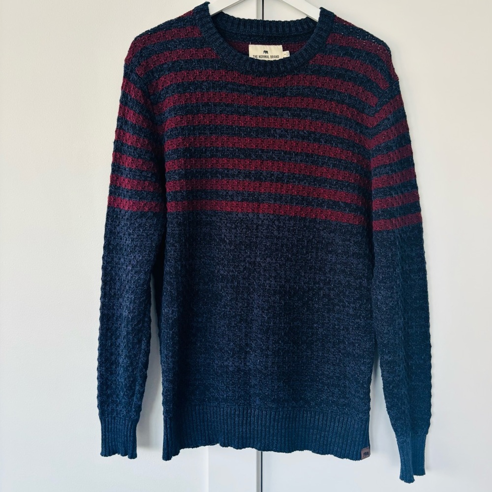 The Normal Brand Pique Stitch Crew sweater in Navy/Oxblood men's small